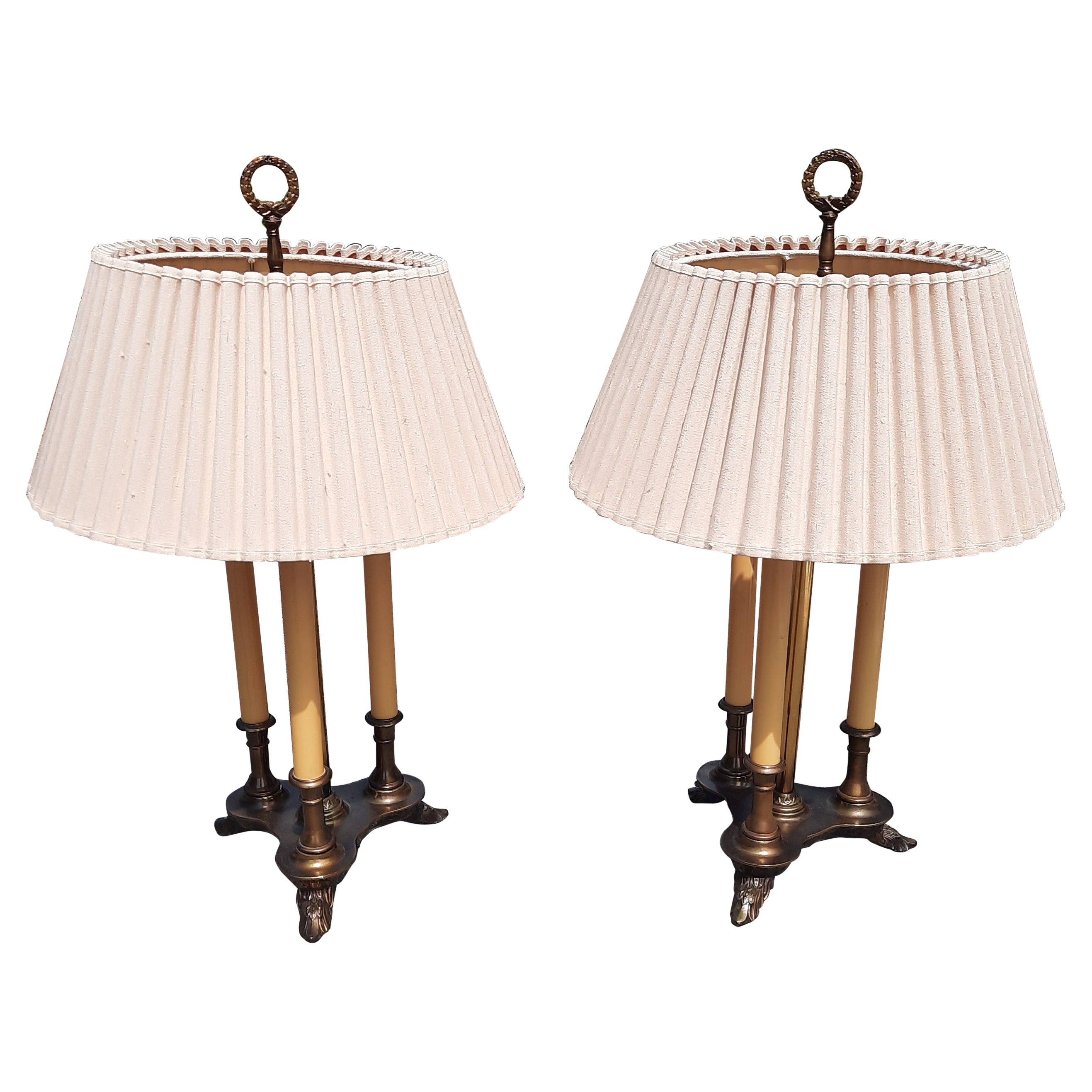 Pair of Beaux Arts Style Patinated Metal Two-Light Bouillotte Table Lamps For Sale