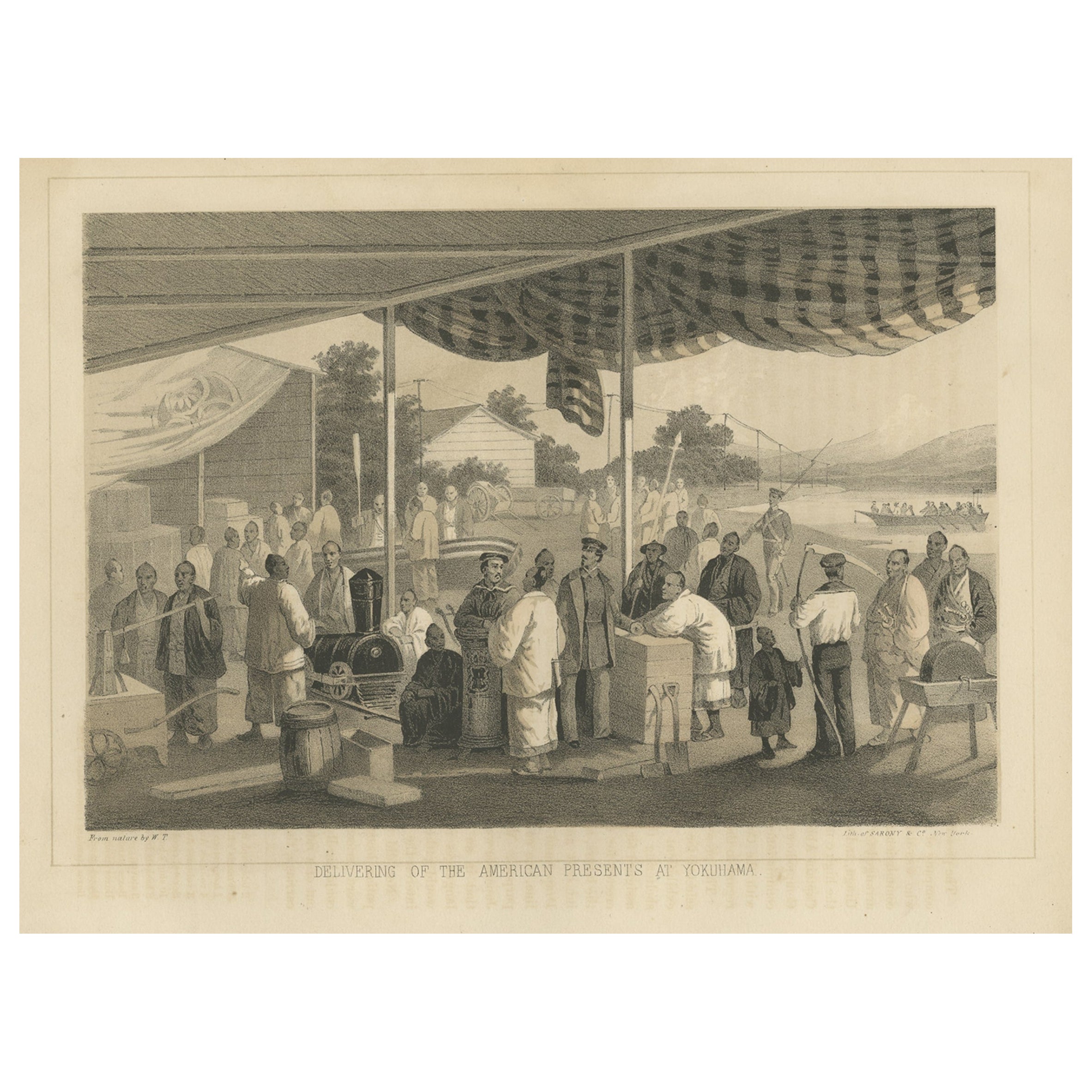 Impression ancienne de la livraison de présents américains à Yokohama au Japon, 1856