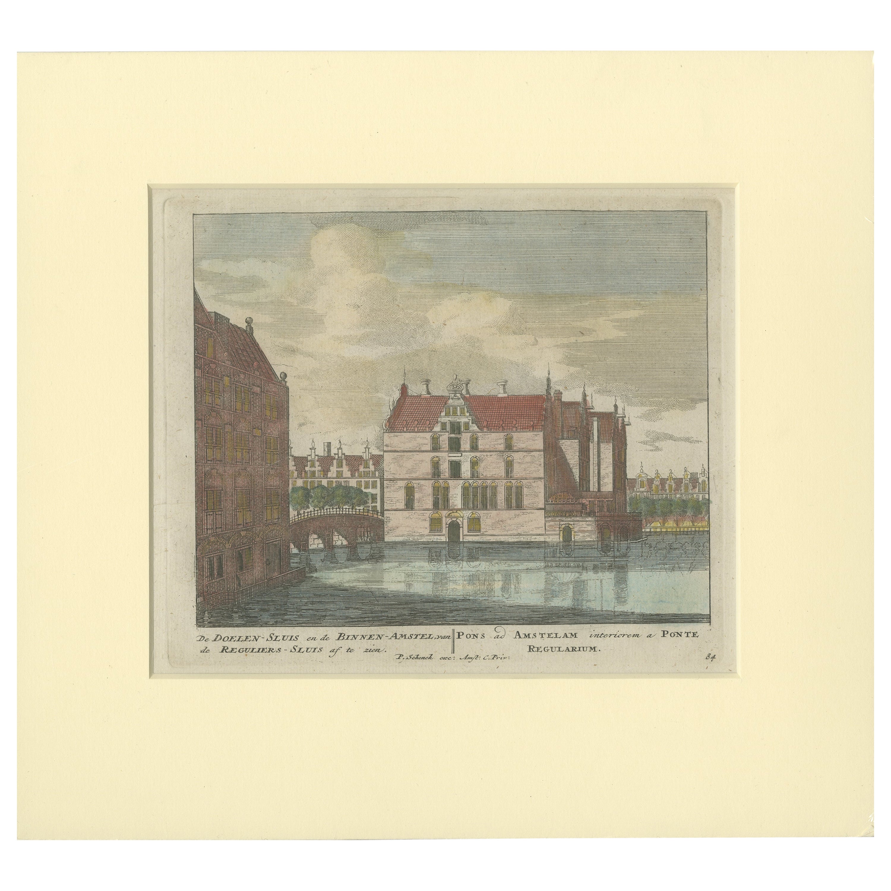Impression ancienne du "Doelensluis" à Amstel à Amsterdam, Hollande, vers 1708