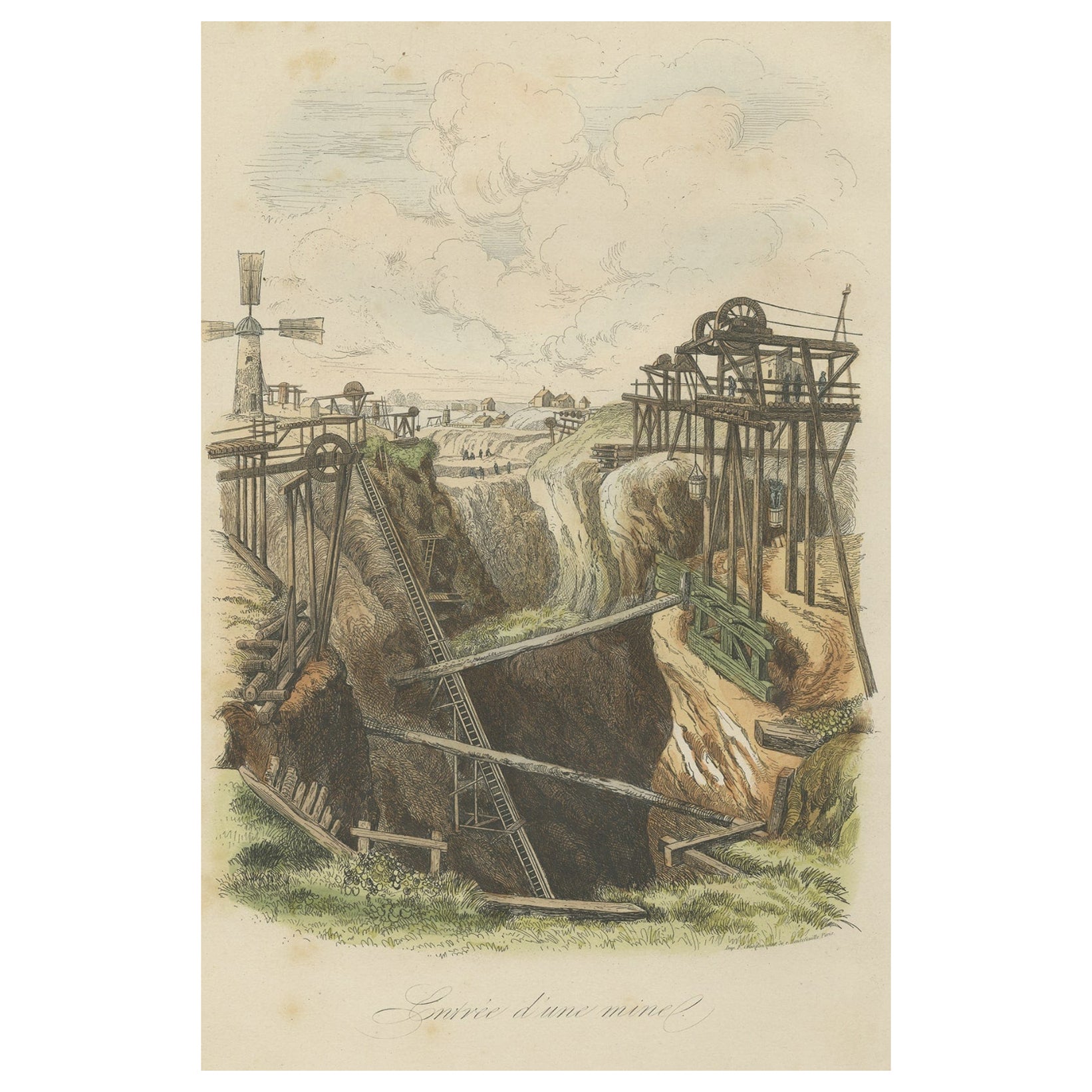 Antique Print of the Entrance to a Mine at a Mining Site, 1854 For Sale