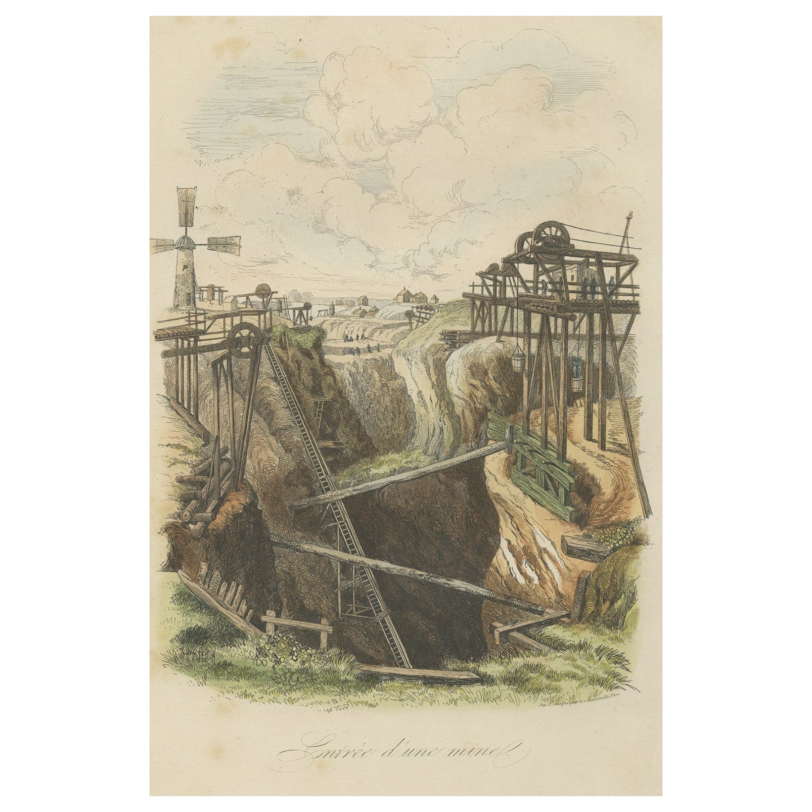 Stampa antica dell'ingresso di una miniera in un sito minerario, 1854