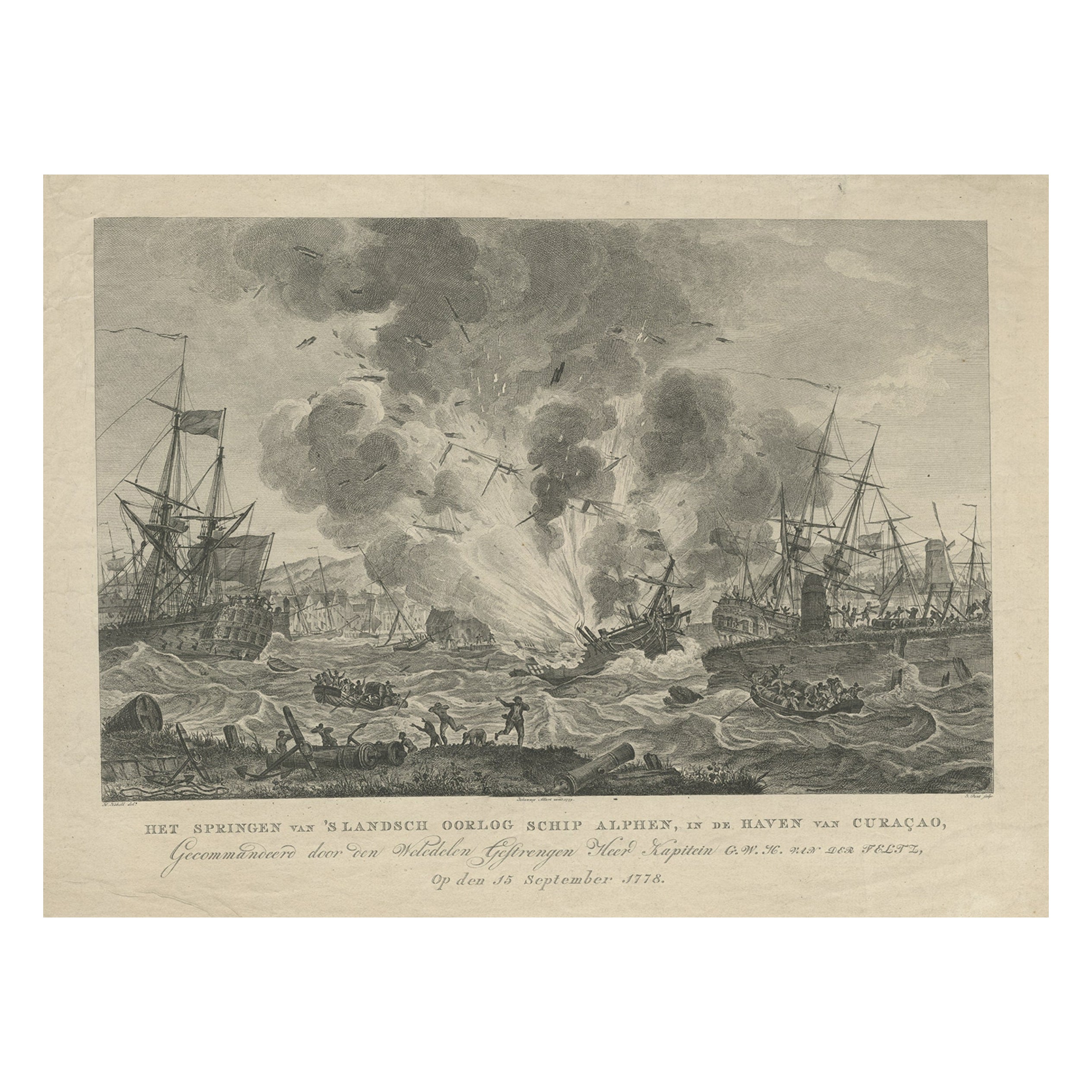 Antique Print of the Exploding of the 'Alphen' in the Harbour of Curacao, 1779 For Sale