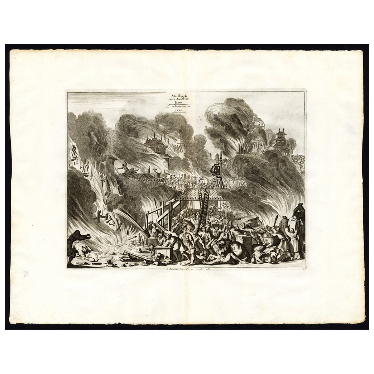Antique Print of the Fire in Edo by Van Der Aa, c.1725 For Sale