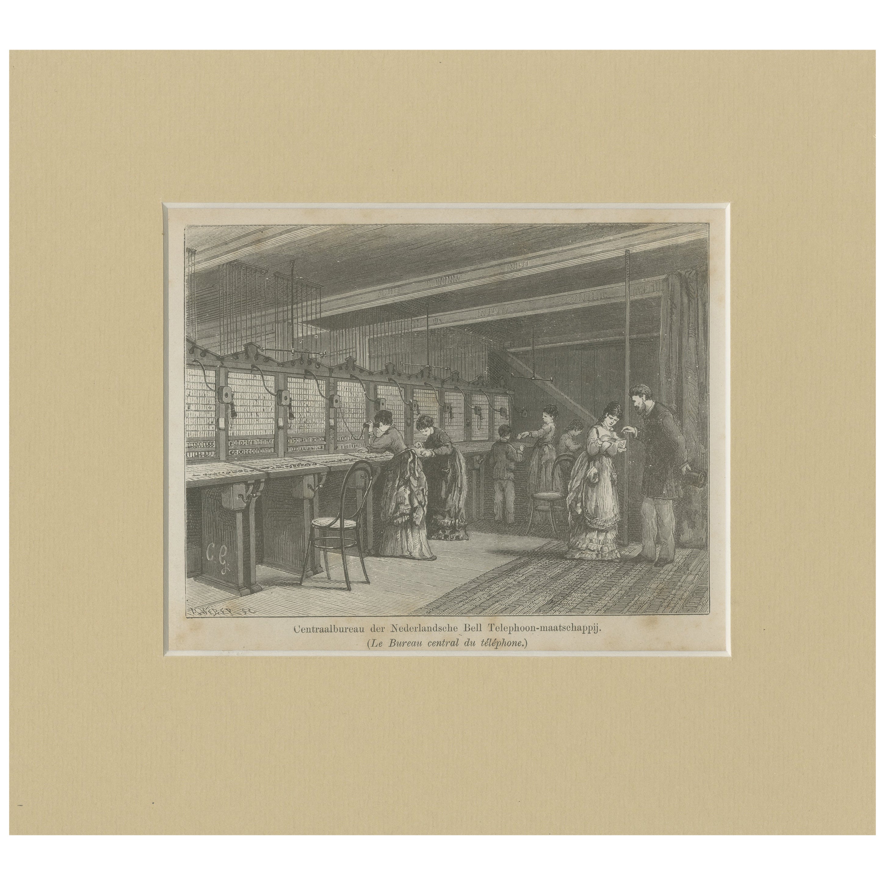 Antique Print of the First Dutch Telephone Company, c.1890 For Sale