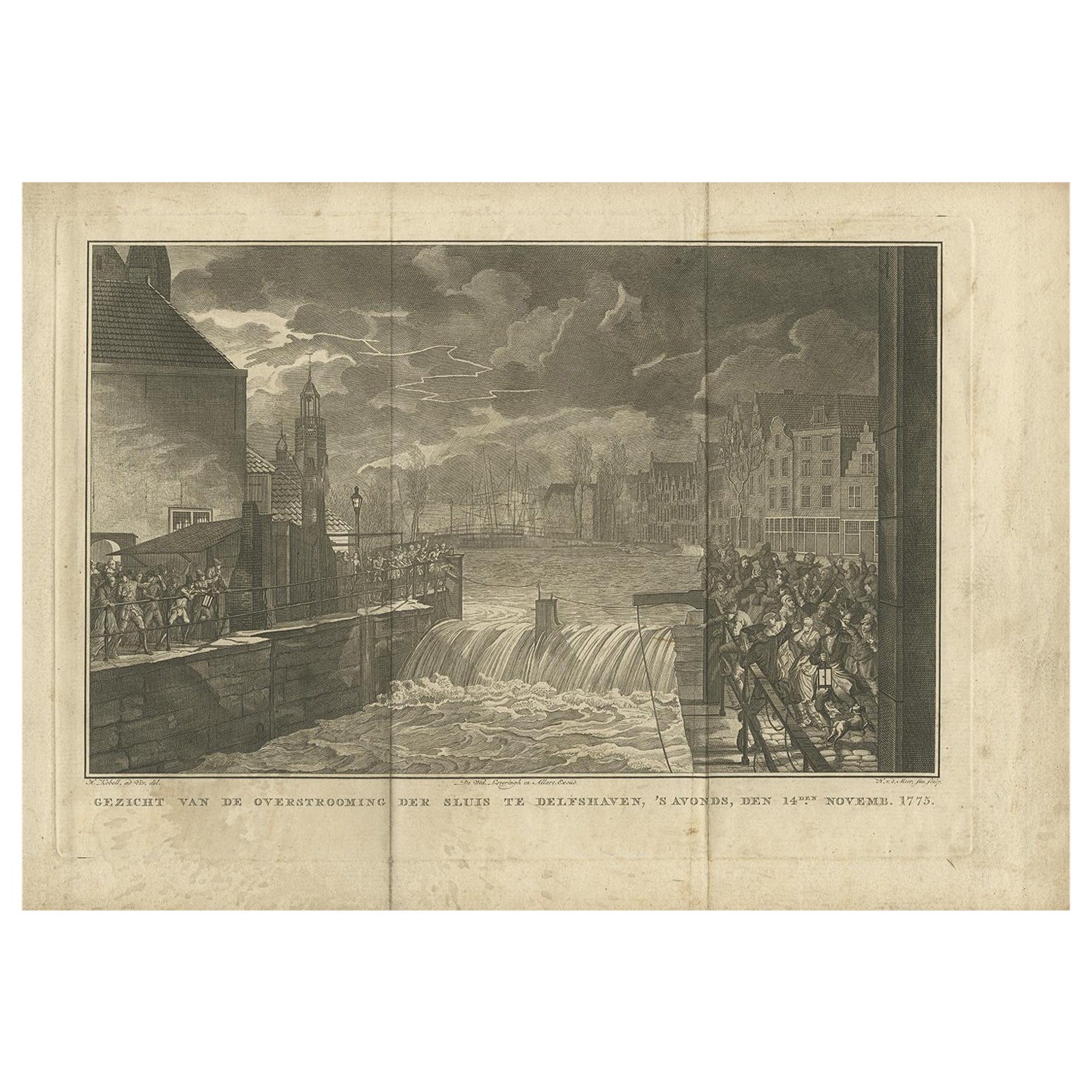 Antiker Druck der Flood in Delfshaven, Niederlande, 1776