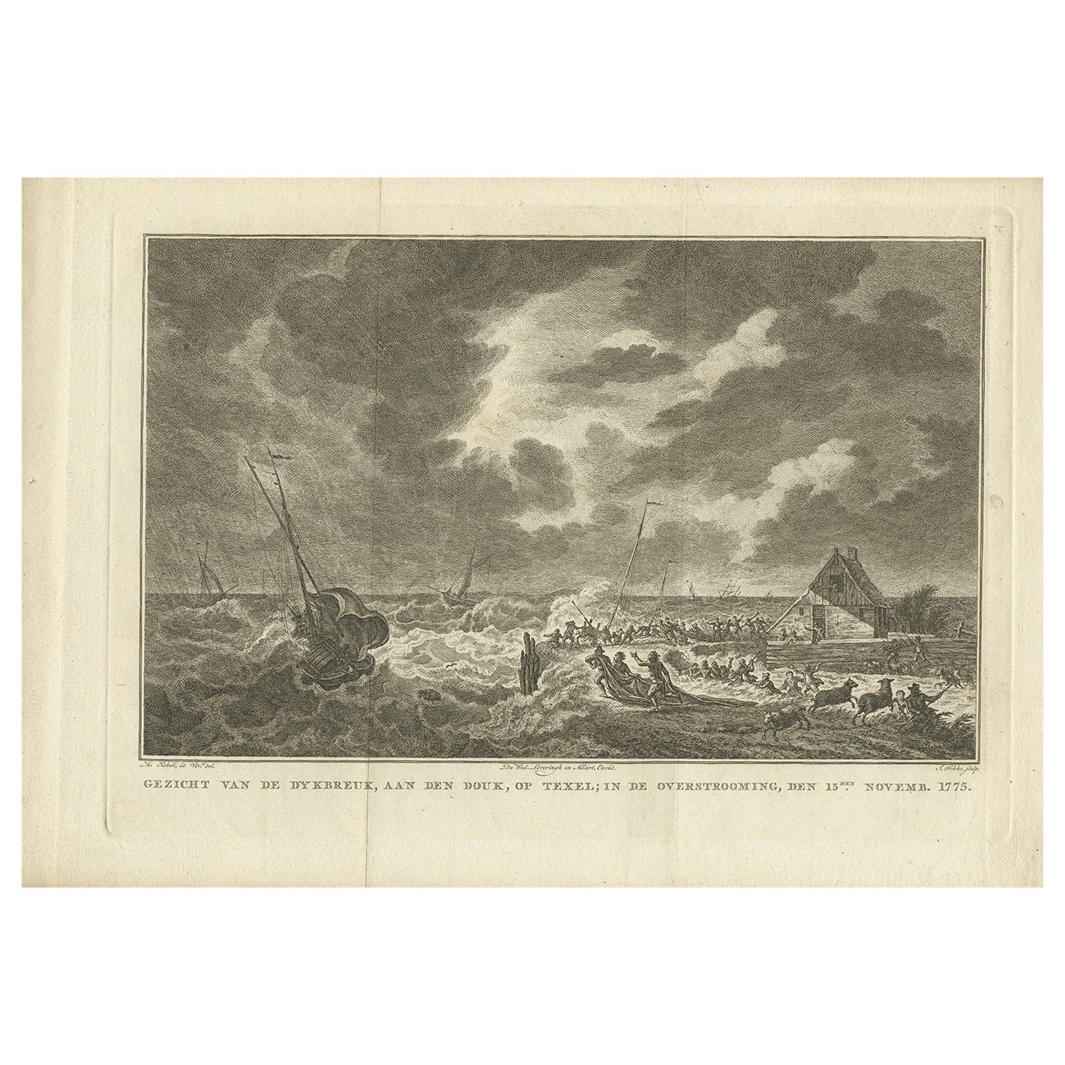 Stampa antica dell'inondazione di Texel, isola del Mare di Wadden, 1778