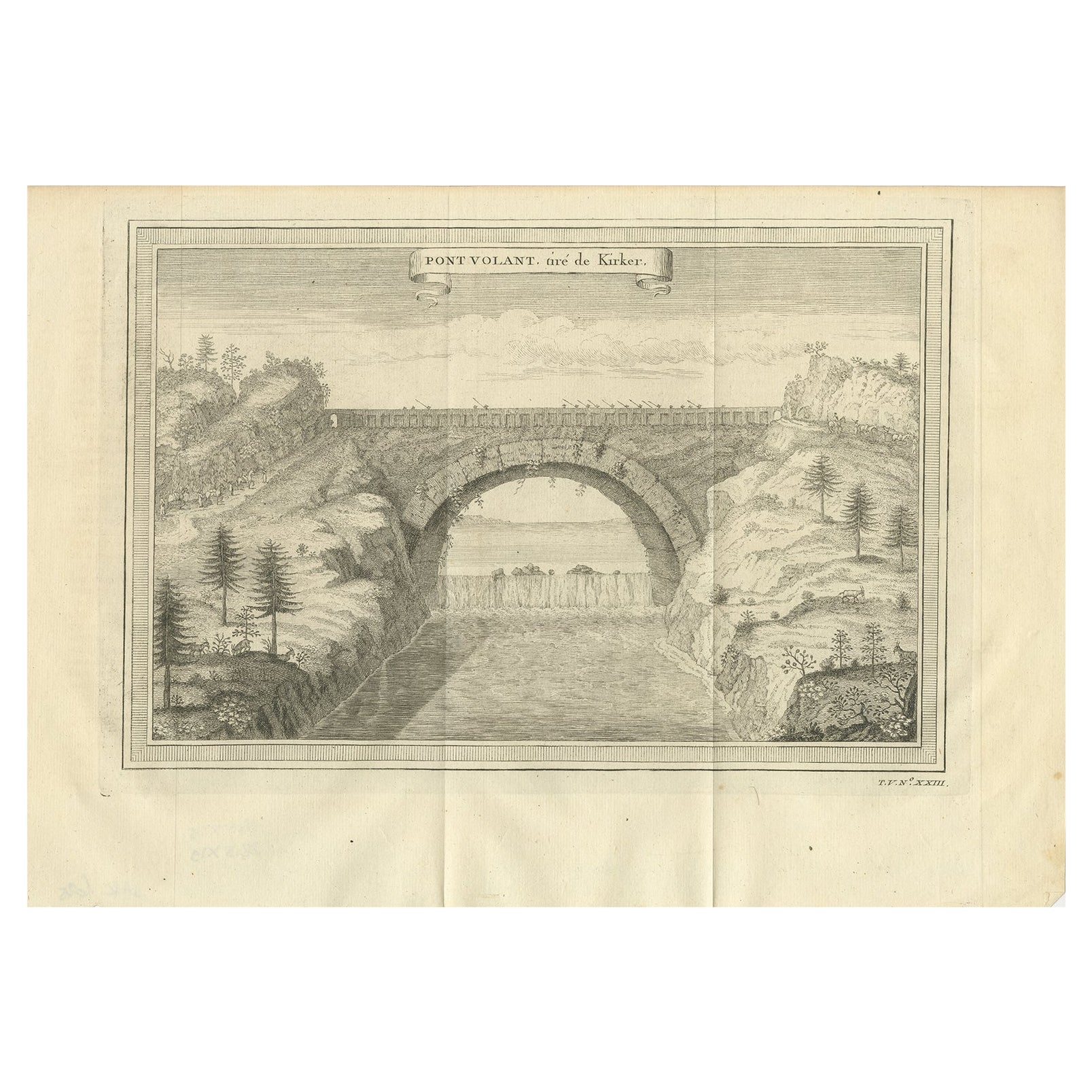 Antiker Druck der fliegenden Brücke in China, 1746