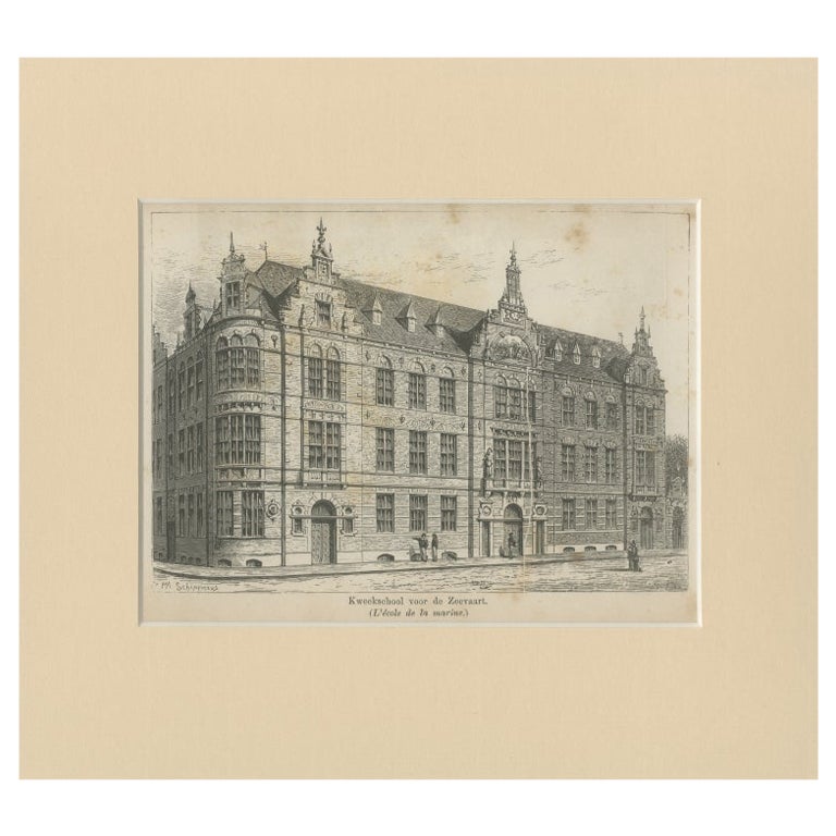 Antique Print of the Former Maritime Academy of Amsterdam, c.1890 For Sale