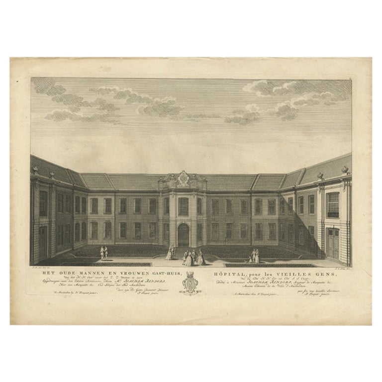 Antique Print of the Former Retirement Home in Amsterdam by Van Schley, c.1760 For Sale