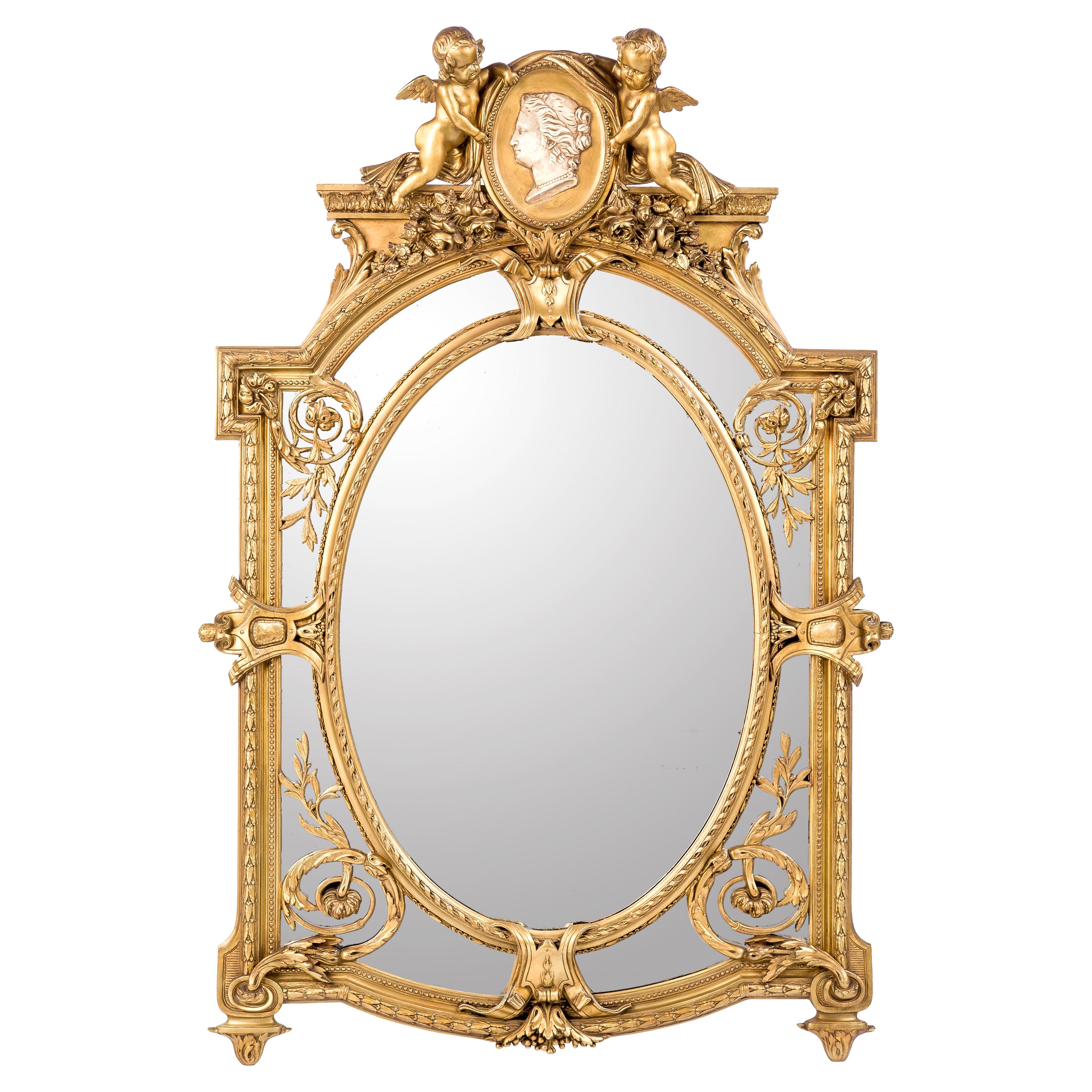 Large Antique 19th Century French Gold Leaf Gilt Louis Seize Parecloses Mirror