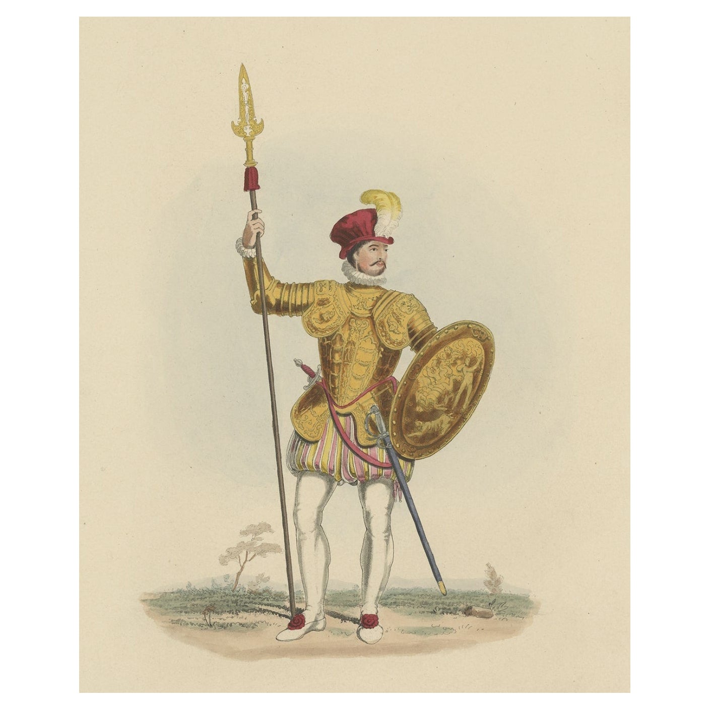 Nicely Hand-colored Antique Print of Embossed Armour, 1842 For Sale