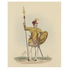 Jolie impression ancienne colorée à la main d'une armure en relief, 1842