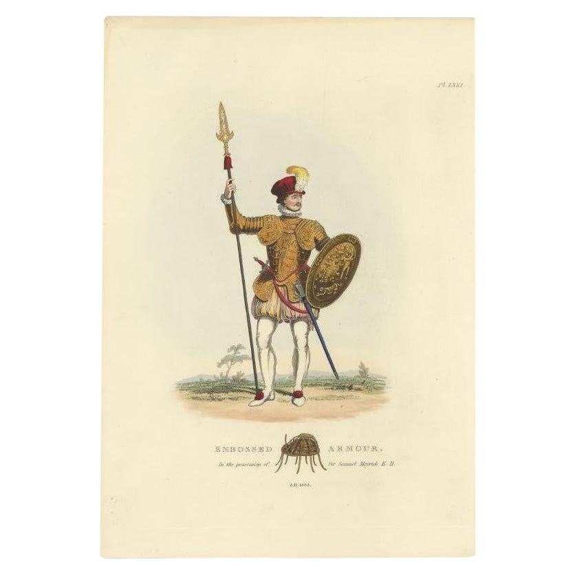 Antique Hand-Colored Print of a Knight in Embossed Armour,  (1842) For Sale