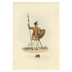 Impression ancienne colorée à la main d'un chevalier en armure embossée,  (1842)