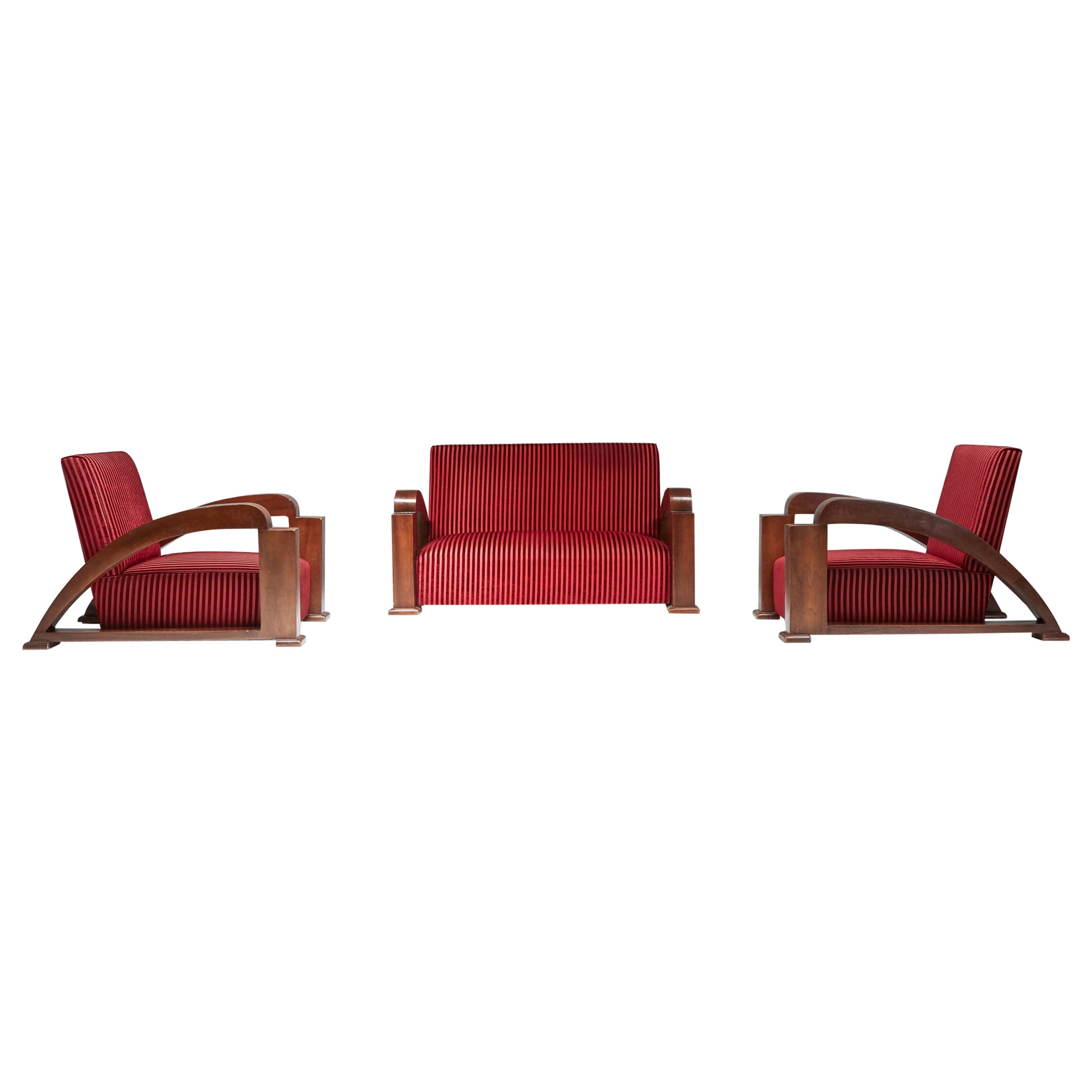 French Art Deco Living Room Set in Red Striped Velvet and with Swoosh Armrests