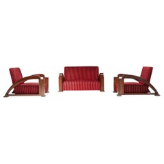 Vintage French Art Deco Living Room Set in Red Striped Velvet and with Swoosh Armrests