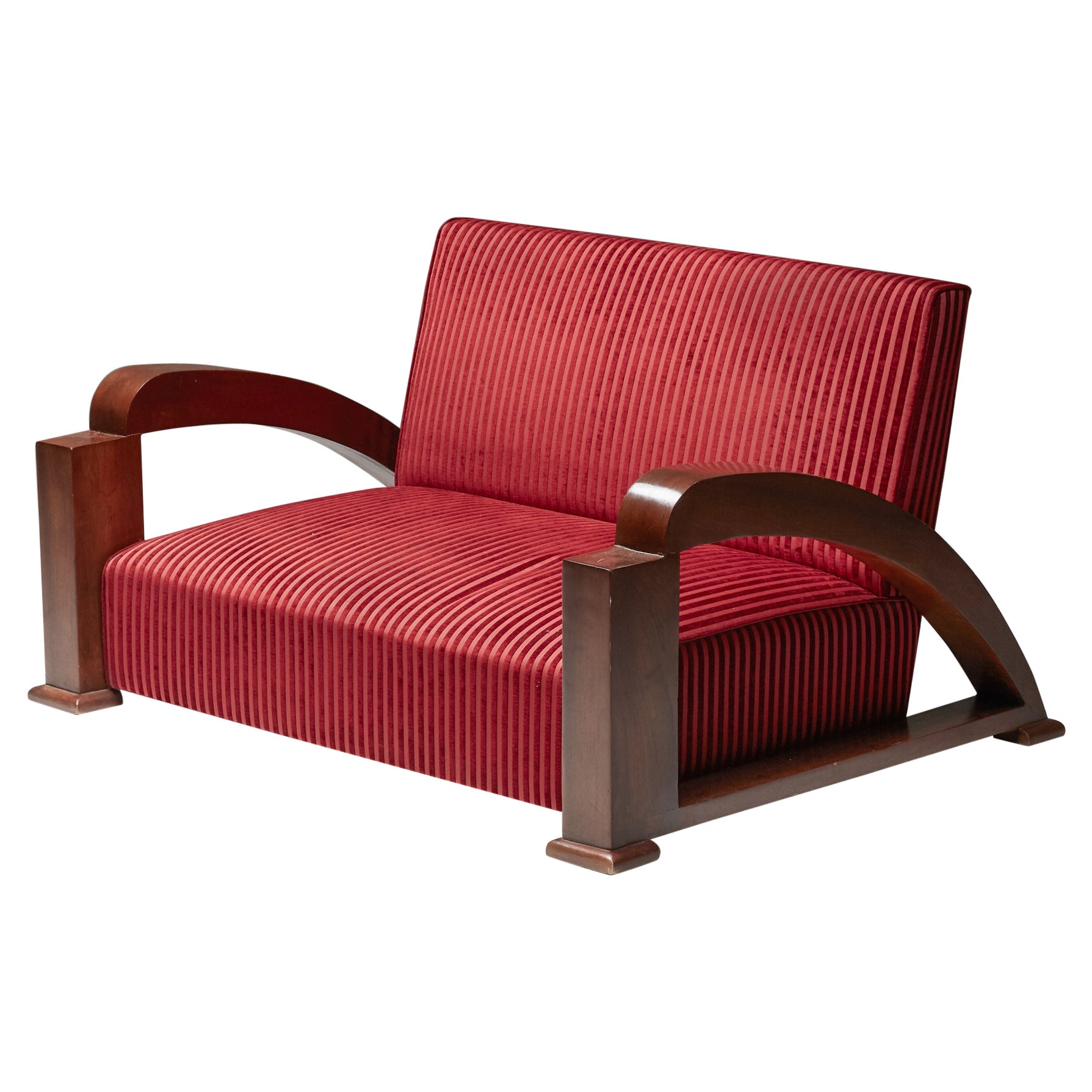 French Art Deco Sofa in Red Striped Velvet and with Swoosh Armrests