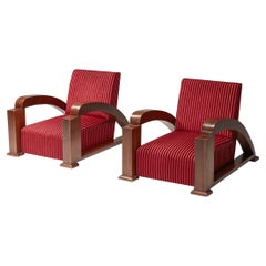 Vintage French Art Deco Lounge Chairs in Red Striped Velvet and with Swoosh Armrests