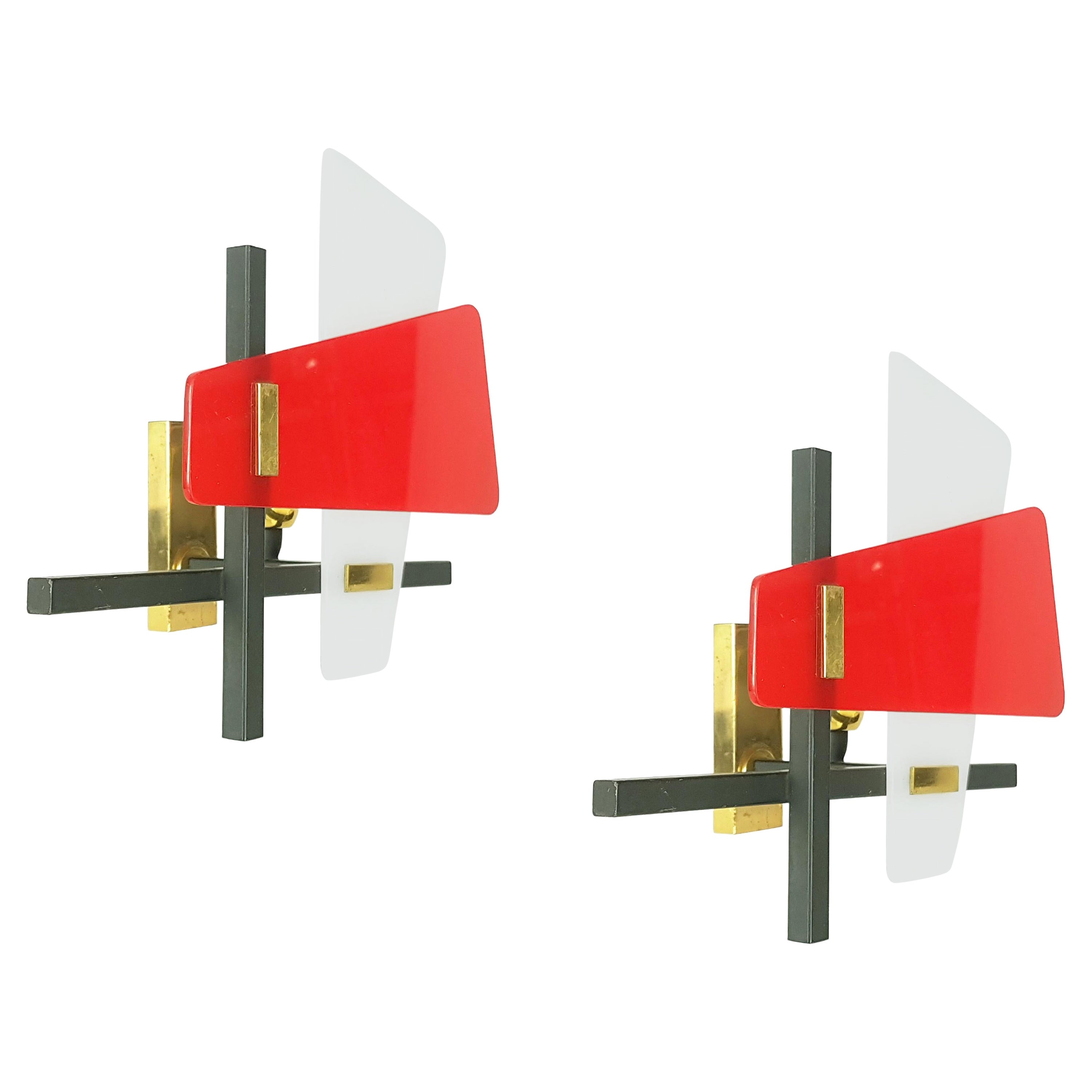 Pair of Red, White Perspex Black Metal & Brass Mid-Century Wall Lamps For Sale