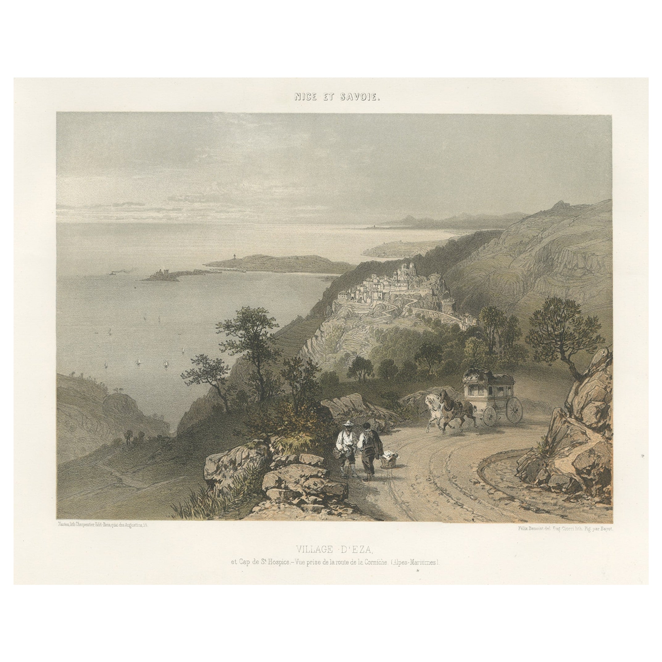 Antique Print of Èze Village in The Nice and Savoy Regions of France, c.1865