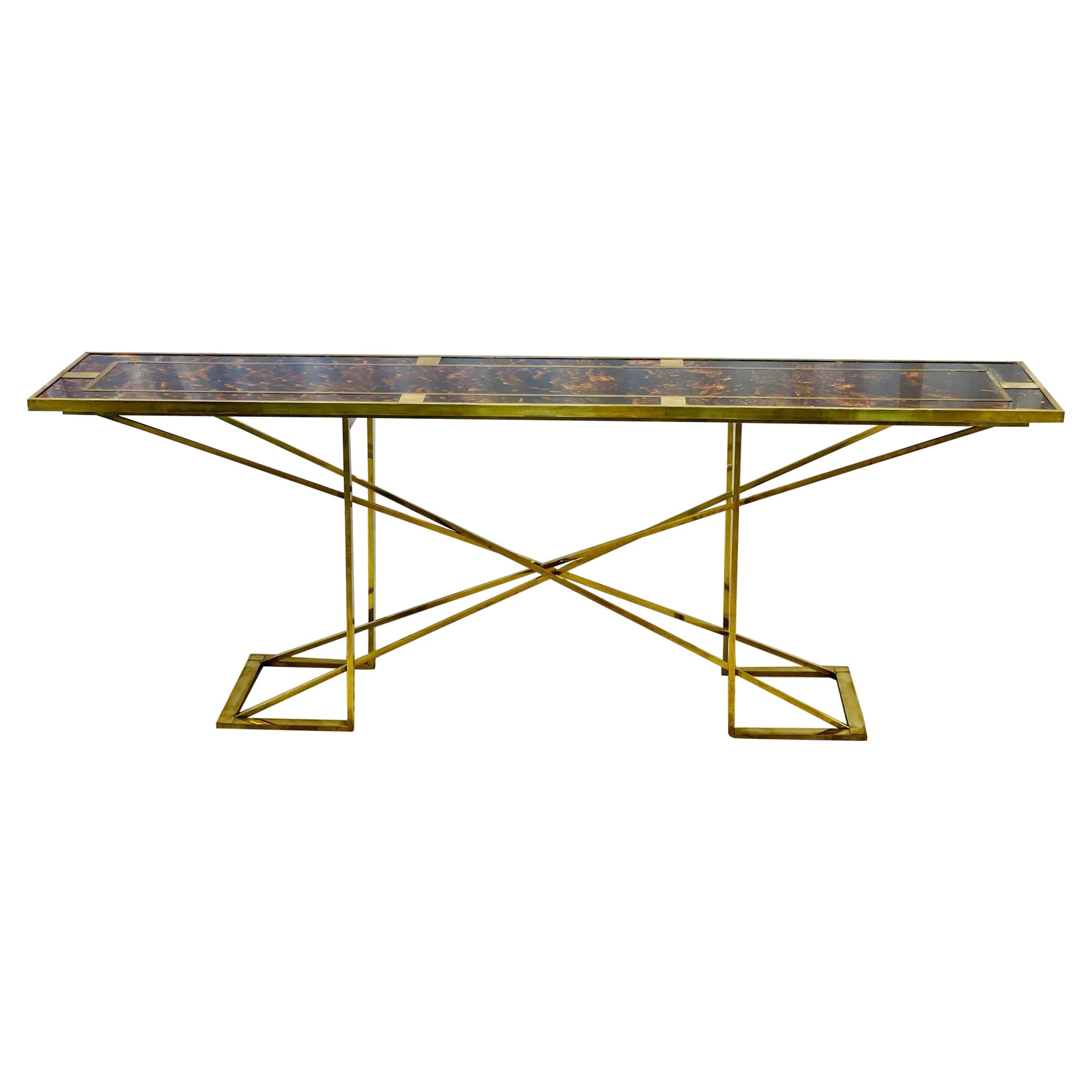 Table console Romeo Rega, plateau en fausse écaille de tortue, base en métal doré, Italie, 1970