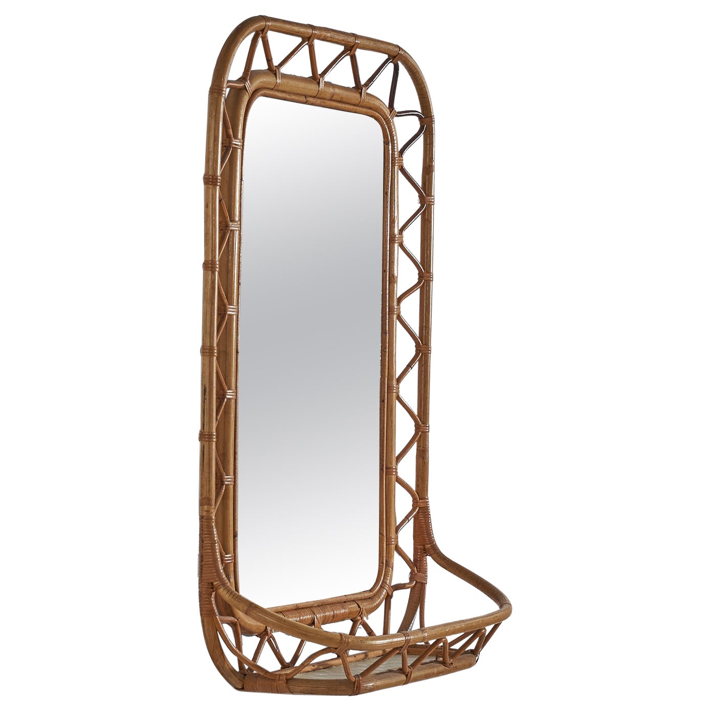 Swedish, Wall Mirror With Shelf, Bamboo, Rattan, Mirror Glass, Sweden, 1960s