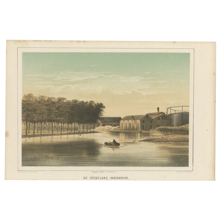 Antique Print of the Gasworks of Leiden in the Netherlands, 1859