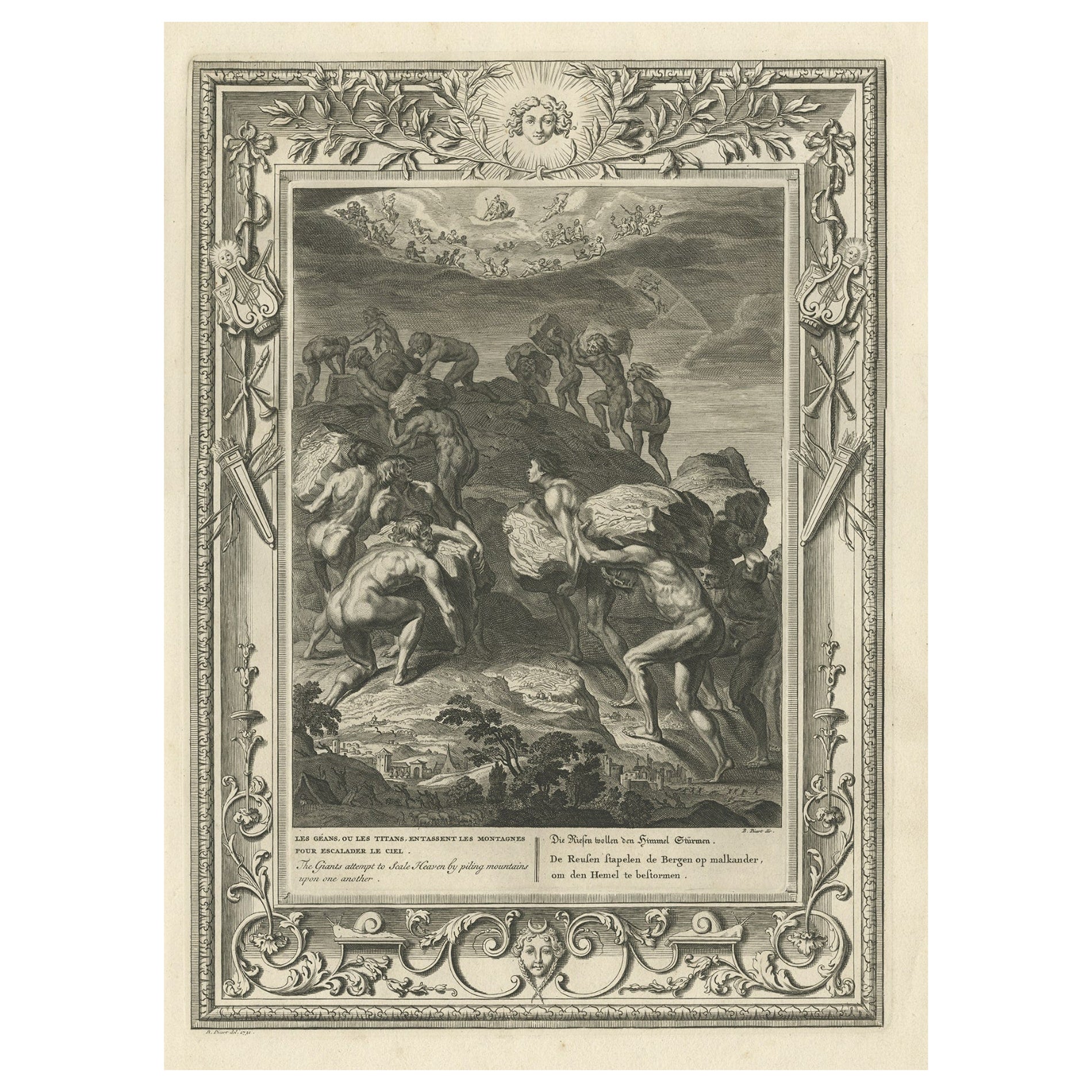 Antique Print of the Giants Attempting to Scale Heaven, 1733