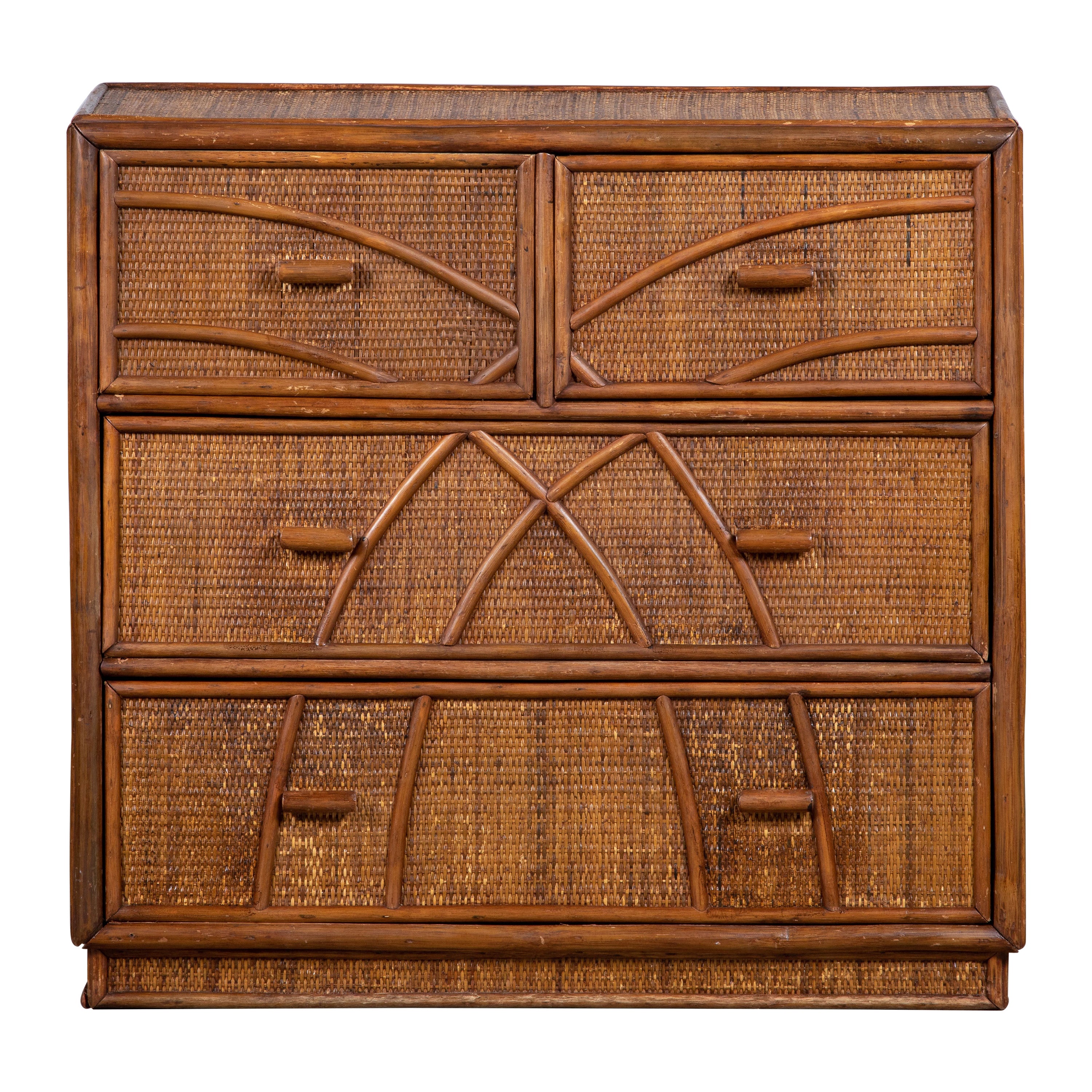 Italian Cane Organic Modern Pedestal Chest of Drawers For Sale
