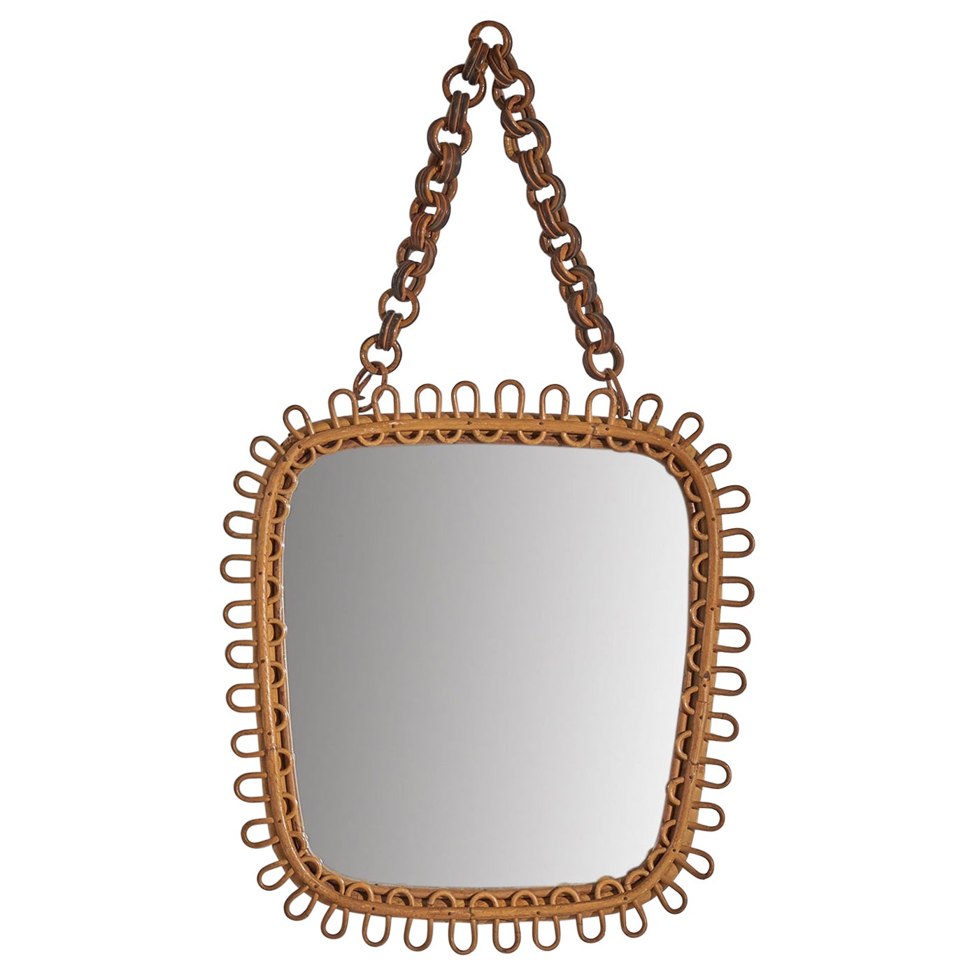 Italian Designer, Wall Mirror, Rattan, Mirror Glass, Italy, C. 1950s For Sale