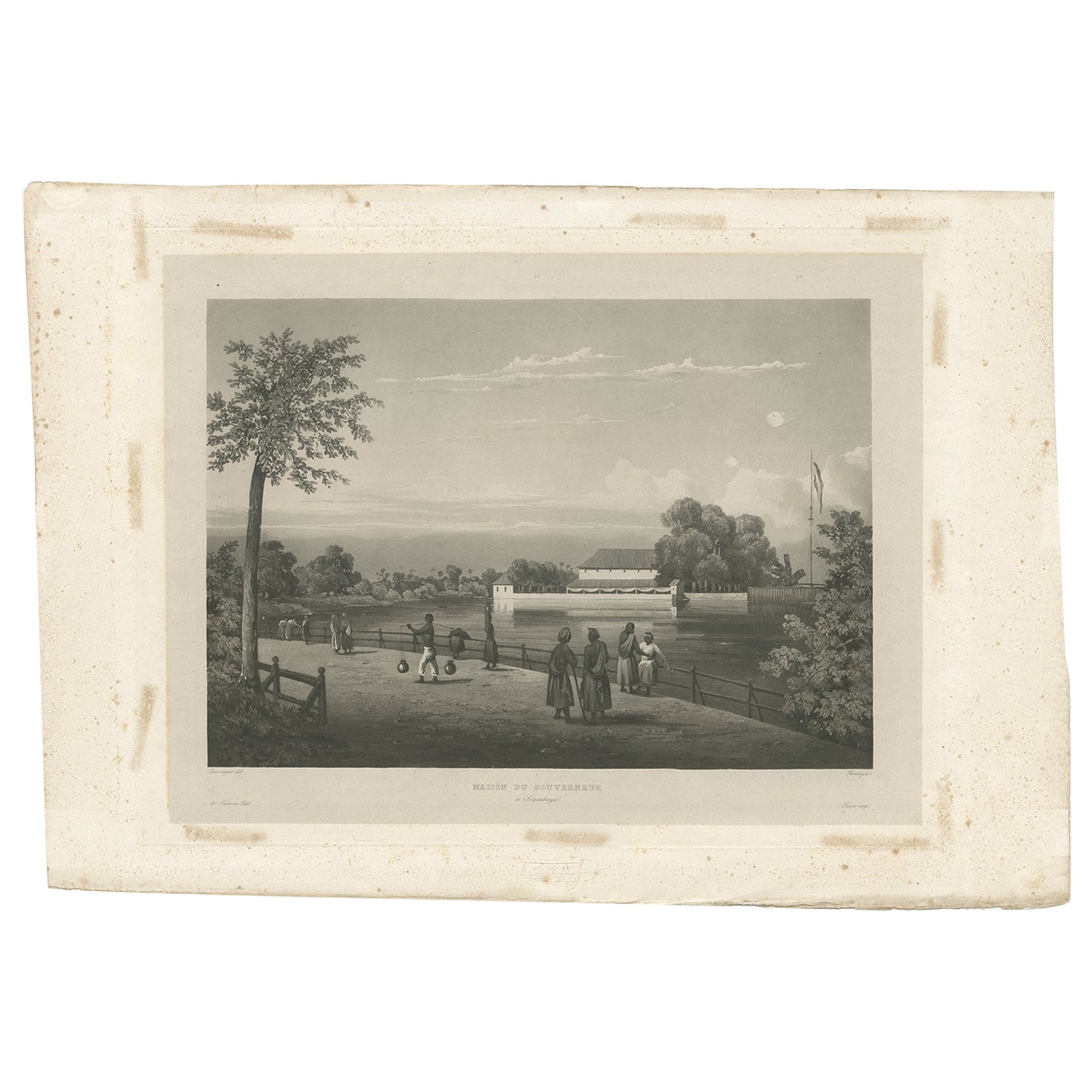 Antique Print of the Governor's House in Surabaya, Indonesia, 1835 For Sale