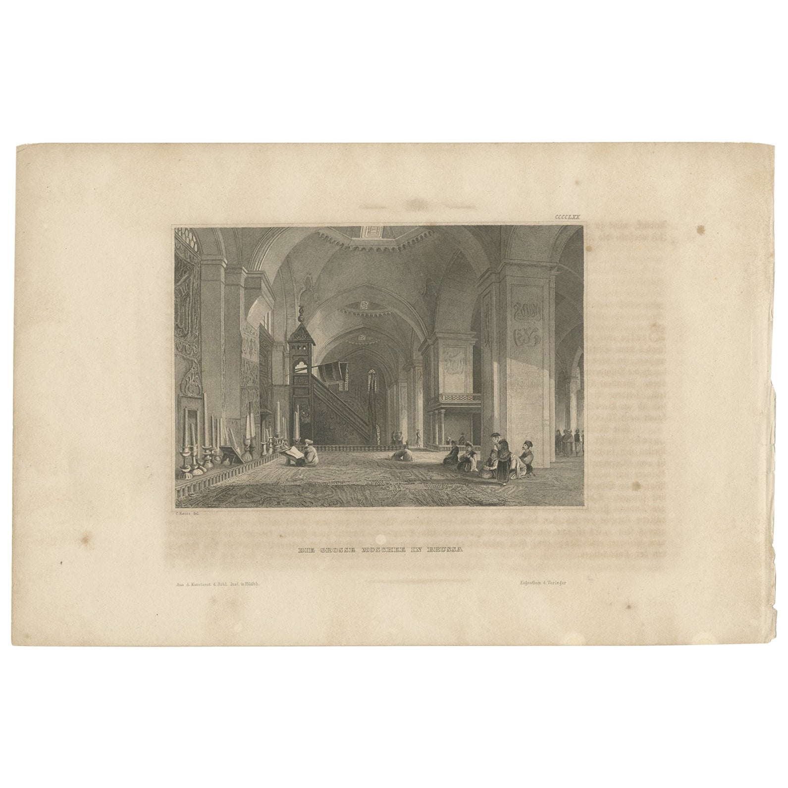 Antique Print of the Great Mosque at Brussa in Turkey, 1843 For Sale