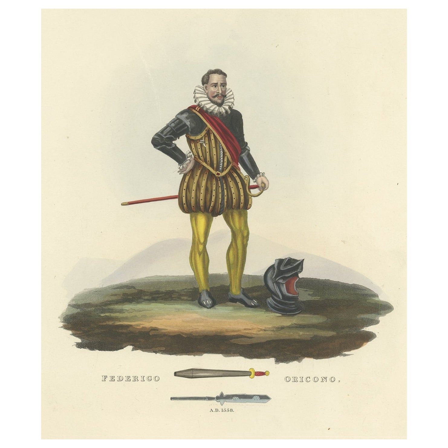 Impression ancienne de Federigo Oricono, Tournament Baton et Voulge-Blade, 1842