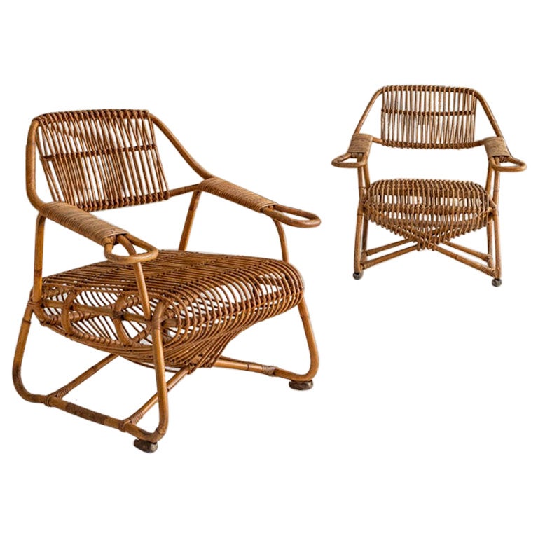 Pair of Midcentury Rattan Armchairs Attributed to Bonacina