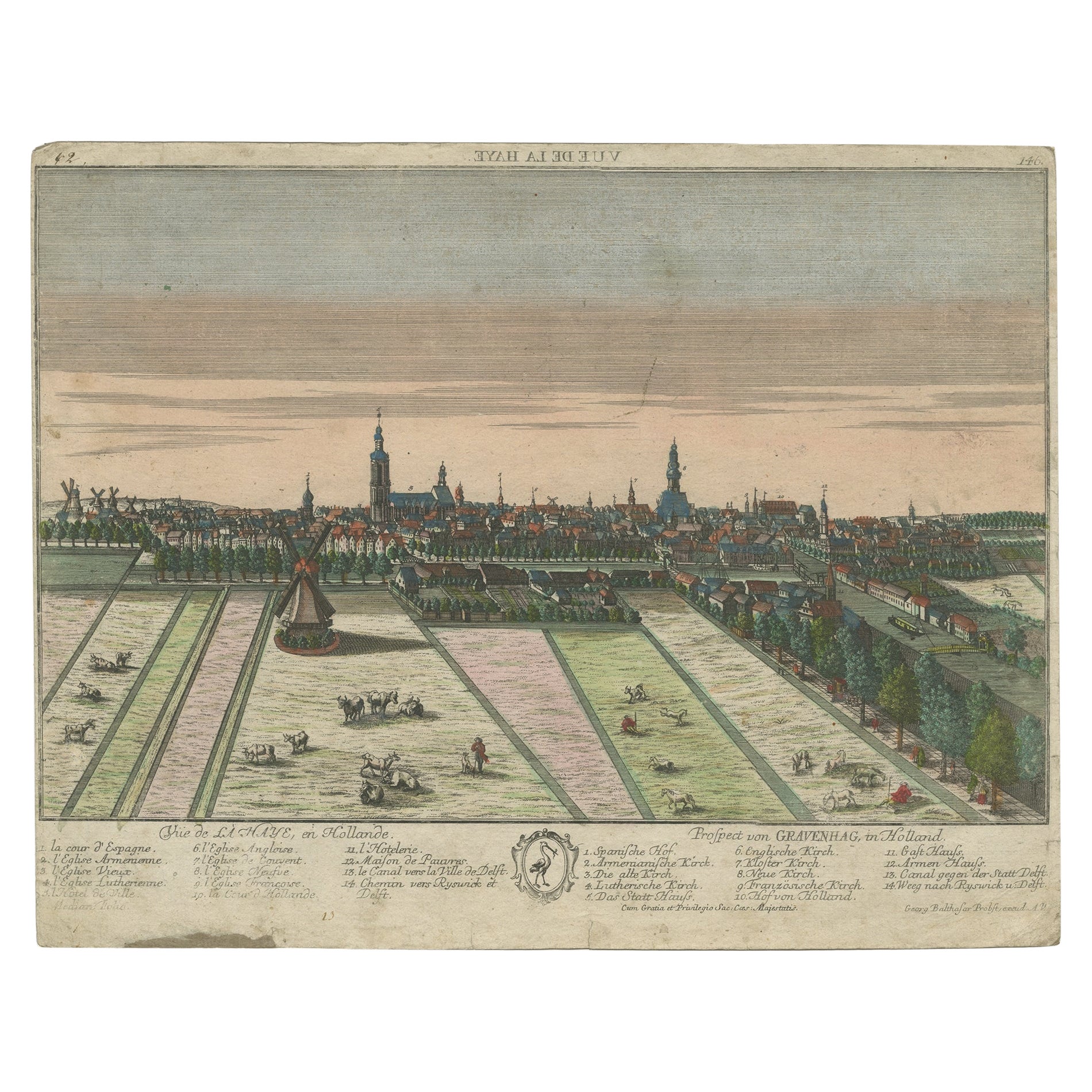 Original Antique Hand-Colored Optica Print of the Hague, C.1760 For Sale