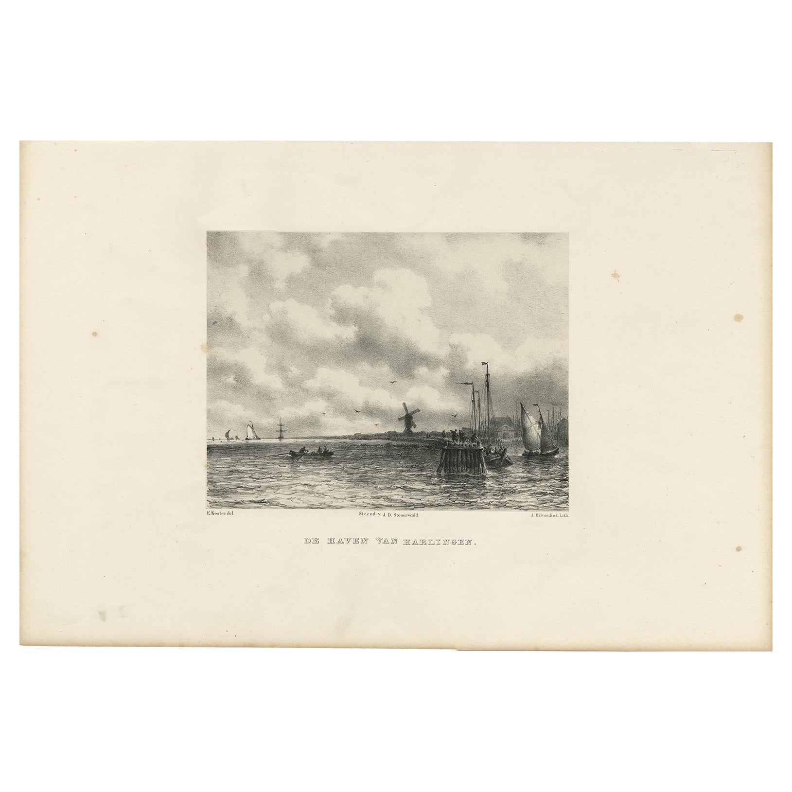 Antique Print of the Harbour of Harlingen in The Netherlands, 1858 For Sale