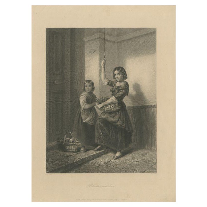 Antique Print of Flower Girls, c.1860 For Sale