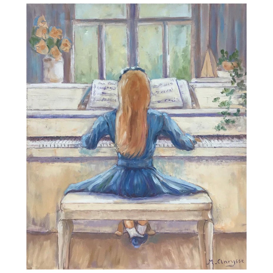 Bright & Colorful French Impressionist Oil Painting, The Girl Playing Piano For Sale