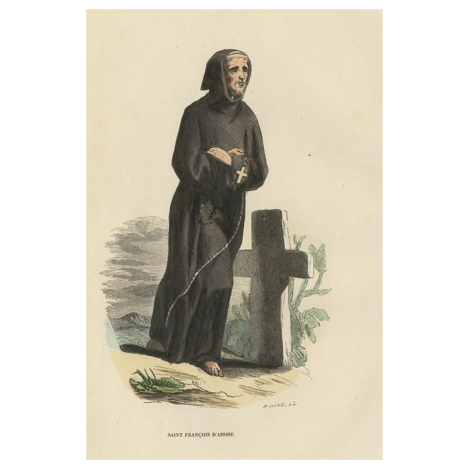 Antique Print of Francis of Assisi with Cross, 1845 For Sale