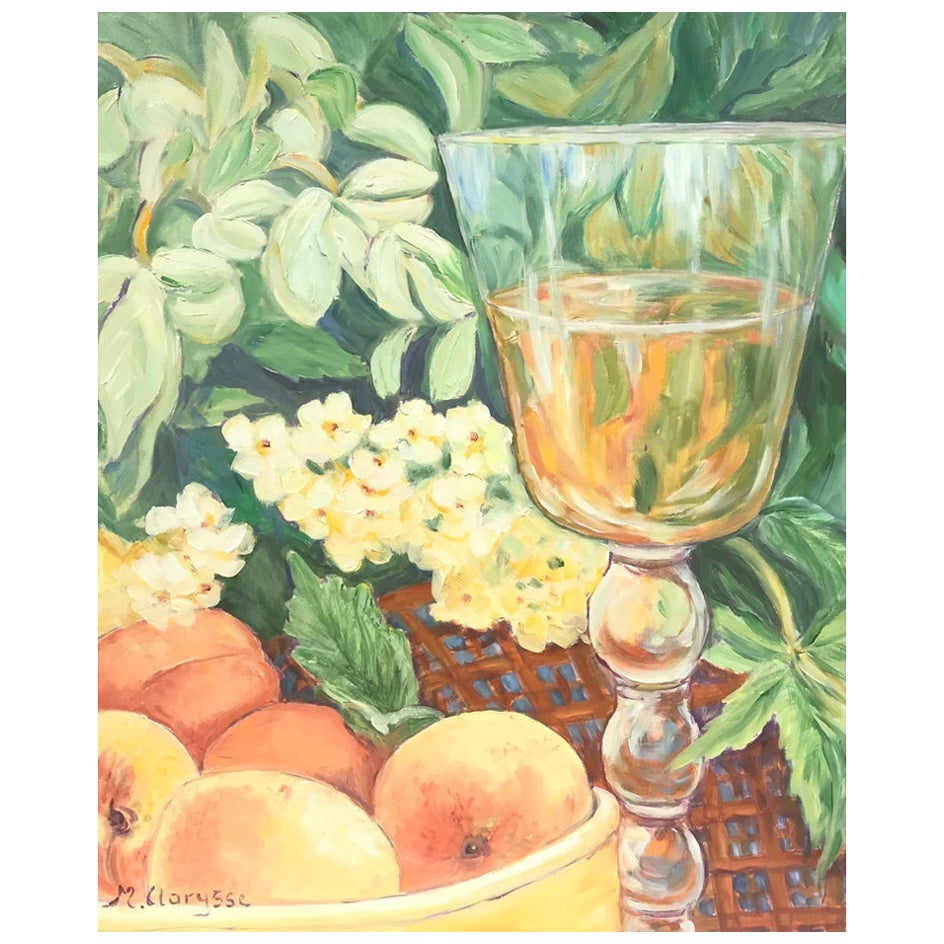 Bright & Colorful French Impressionist Oil Painting, Fruit & Wine Date For Sale