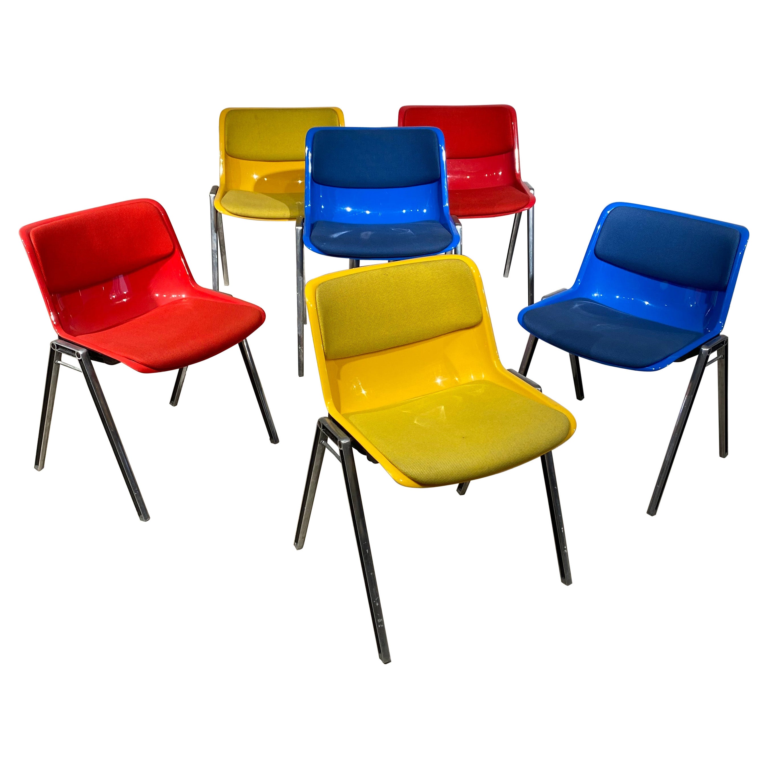Set of 6 Borsani Dining Chairs Blue, Red & Yellow