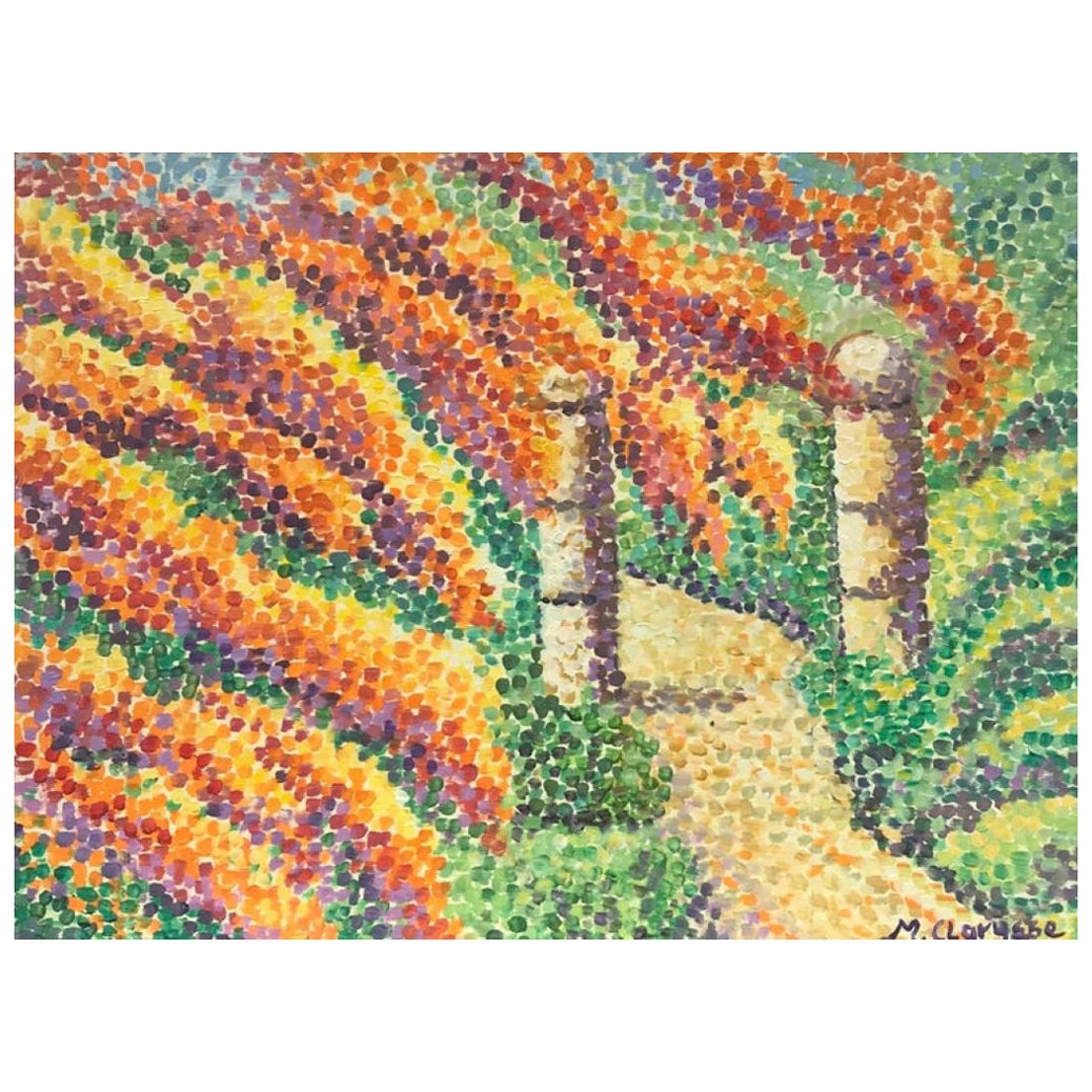 Bright & Colorful French Impressionist Oil Painting, Dotty Pathway Entrance For Sale