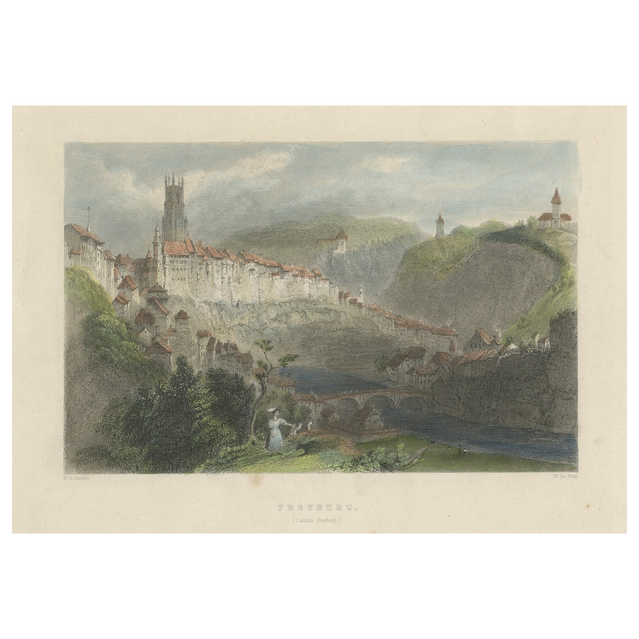 Antique Print of Fribourg, La Sarine, Switzerland, 1835