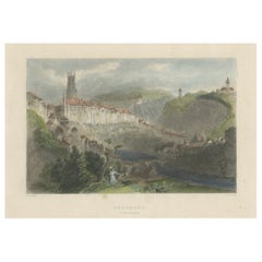 Impression ancienne de Fribourg, La Sarine, Suisse, 1835