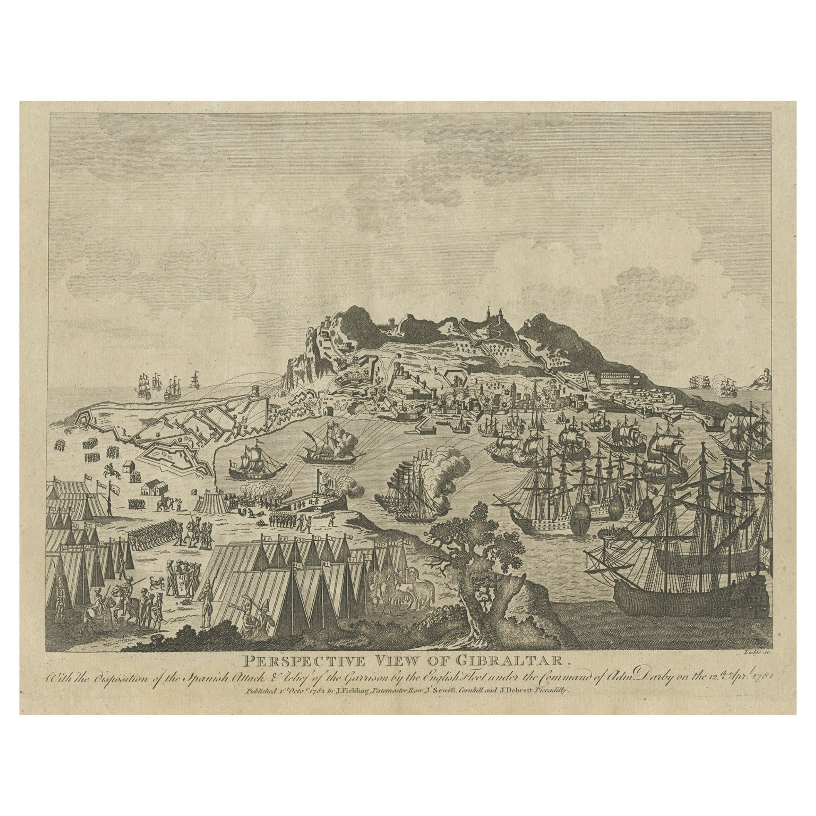 Impression ancienne de Gibraltar représentant la flotte espagnole et anglaise, 1782