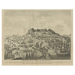 Antique Print of Gibraltar Showing the Spanish and English Fleet, 1782