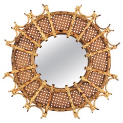 French Riviera Rattan and Caning Sunburst Mirror