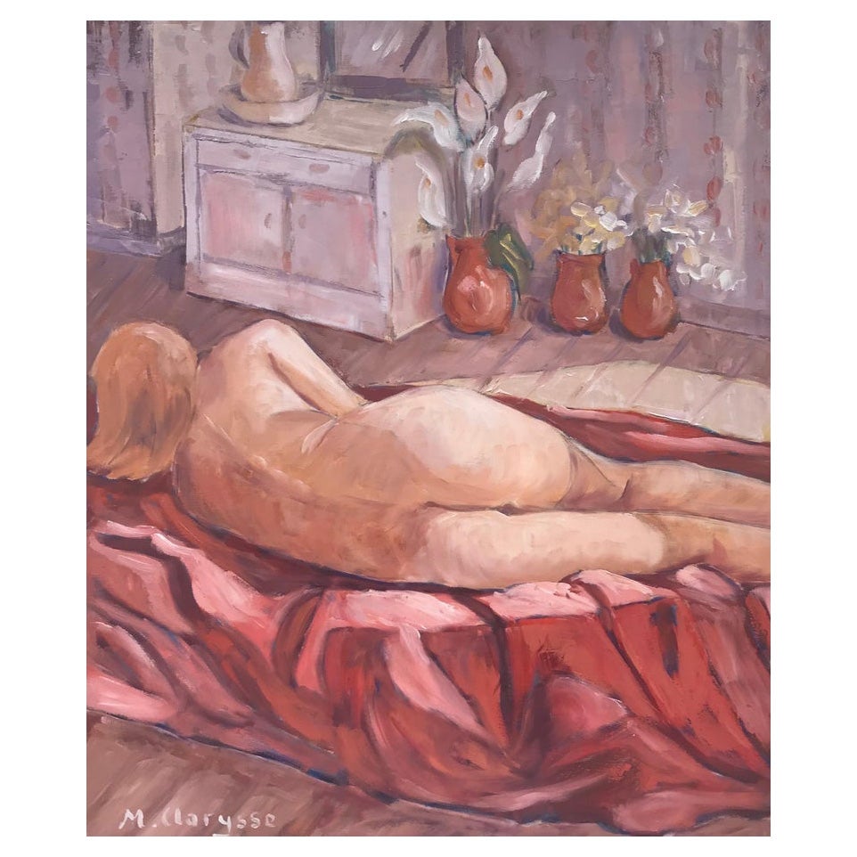 Bright & Colorful French Impressionist Oil Painting, Nude Lady in Pink Interior For Sale