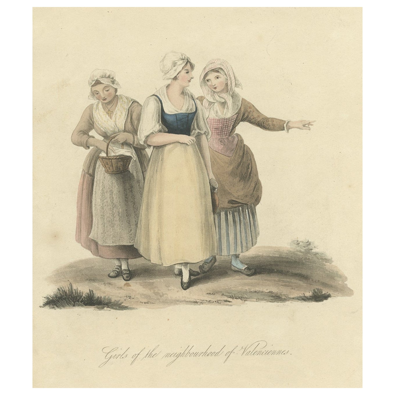 Antique Print of Girls of the Neighbourhood of Valenciennes in Spain, 1817 For Sale