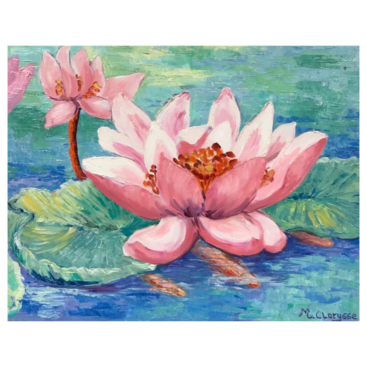 Bright & Colorful French Impressionist Oil Painting, Pink Lillies For Sale